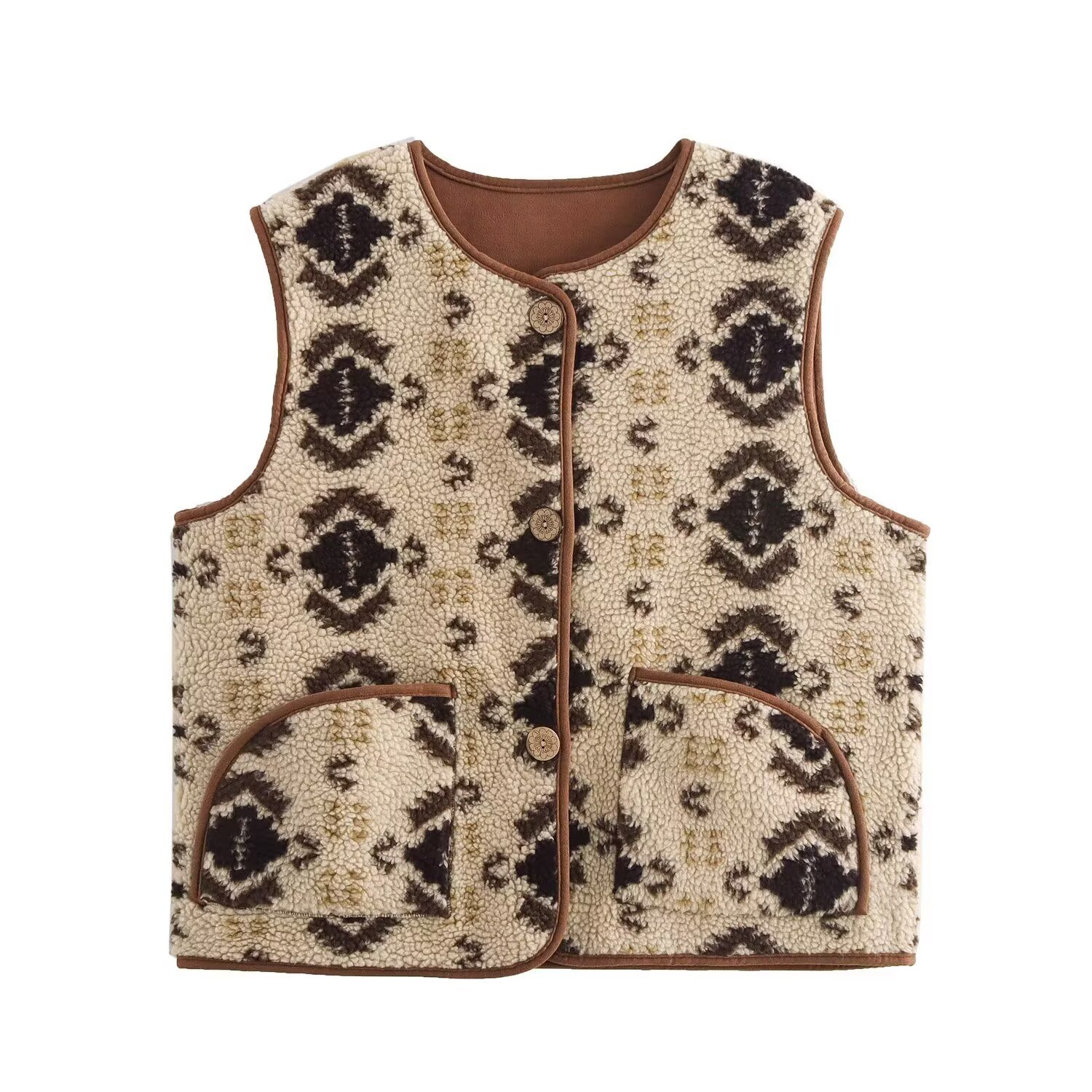 PB&ZA女装2025年秋季新款 印花皮毛一体羊羔毛圆领无袖口袋饰马甲