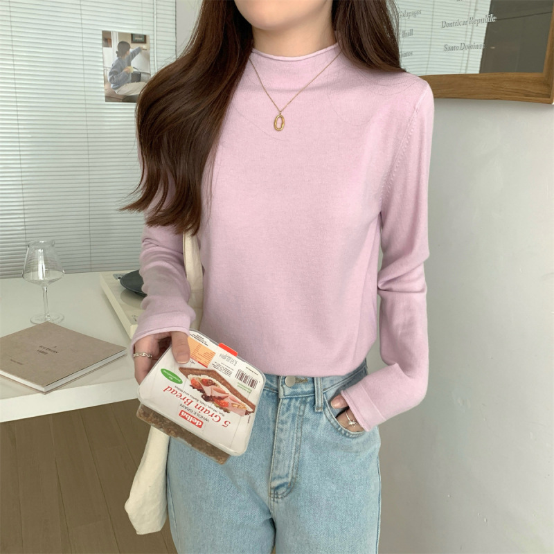 韩版基础款圆领卷边针织衫打底女早秋慵懒风毛衣长袖软糯内搭上衣|undefined