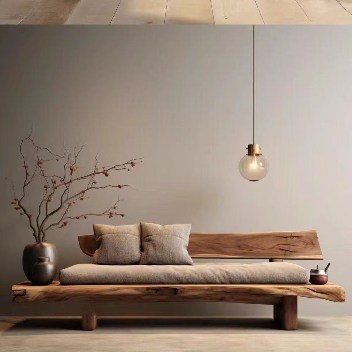 Wabi-Sabi Style Old Elm Sofa Elm Large Straight Sofa Chair Living Room Log Lazy Style Sofa Old Elm Furniture