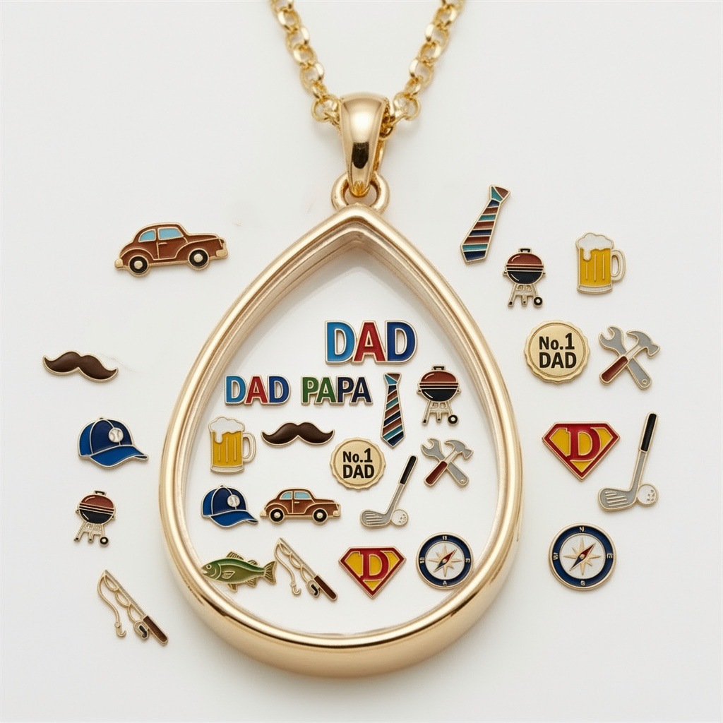 欧美跨境玻璃开合项链diy配件中空设计可打开父亲节DAD相盒彩色铜