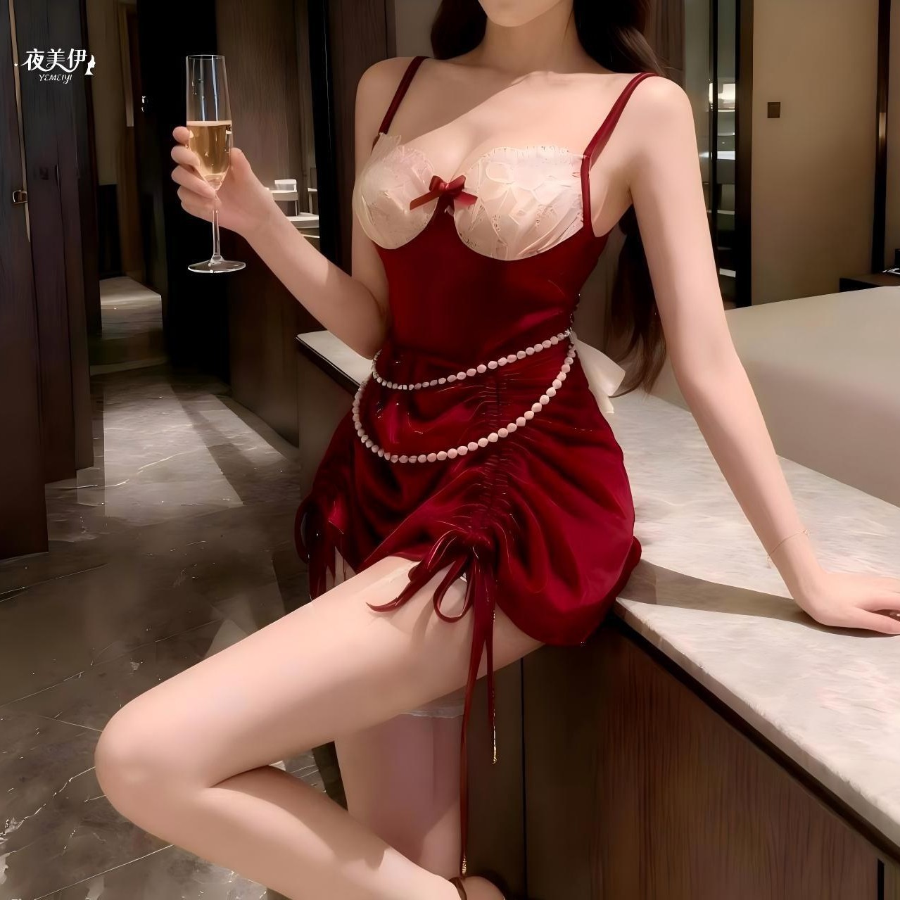 Plus-Size Sexy French-Style Home Sleepwear New Year Retro Lingerie Set with Pearl Lace Splicing and Camisole Pure Desire Nightgown