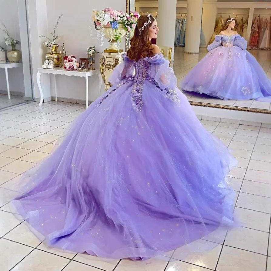 Flores vestido de adulto con mangas brillante con cuentas vestido dulce 2026 nuevo vestido de baile de hombro para mujeres image 4