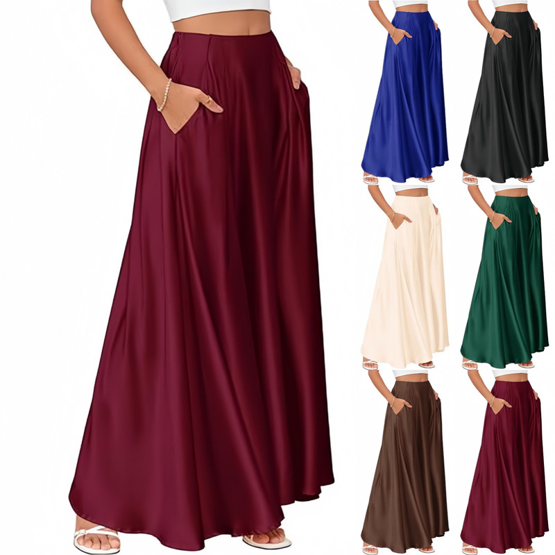 Cross-Border European and American Amazon Ultra-Long Satin Women's High-Waisted Flowing Long Dress, Solid Color Office A-Line Fashion Party Dress