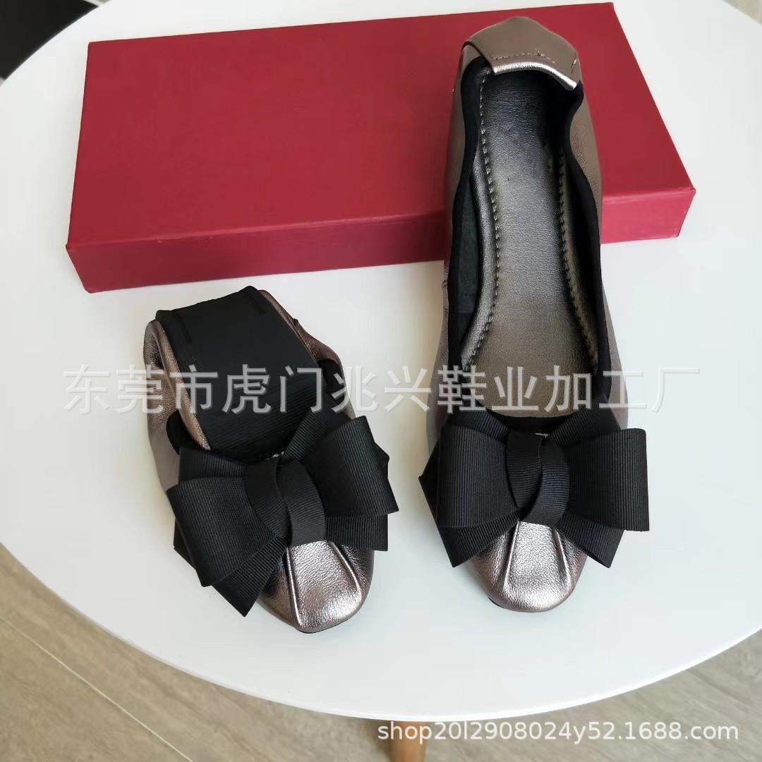 外贸同款蛋卷鞋春夏浅口平底单鞋女小方头蝴蝶结真皮软底折叠跳舞