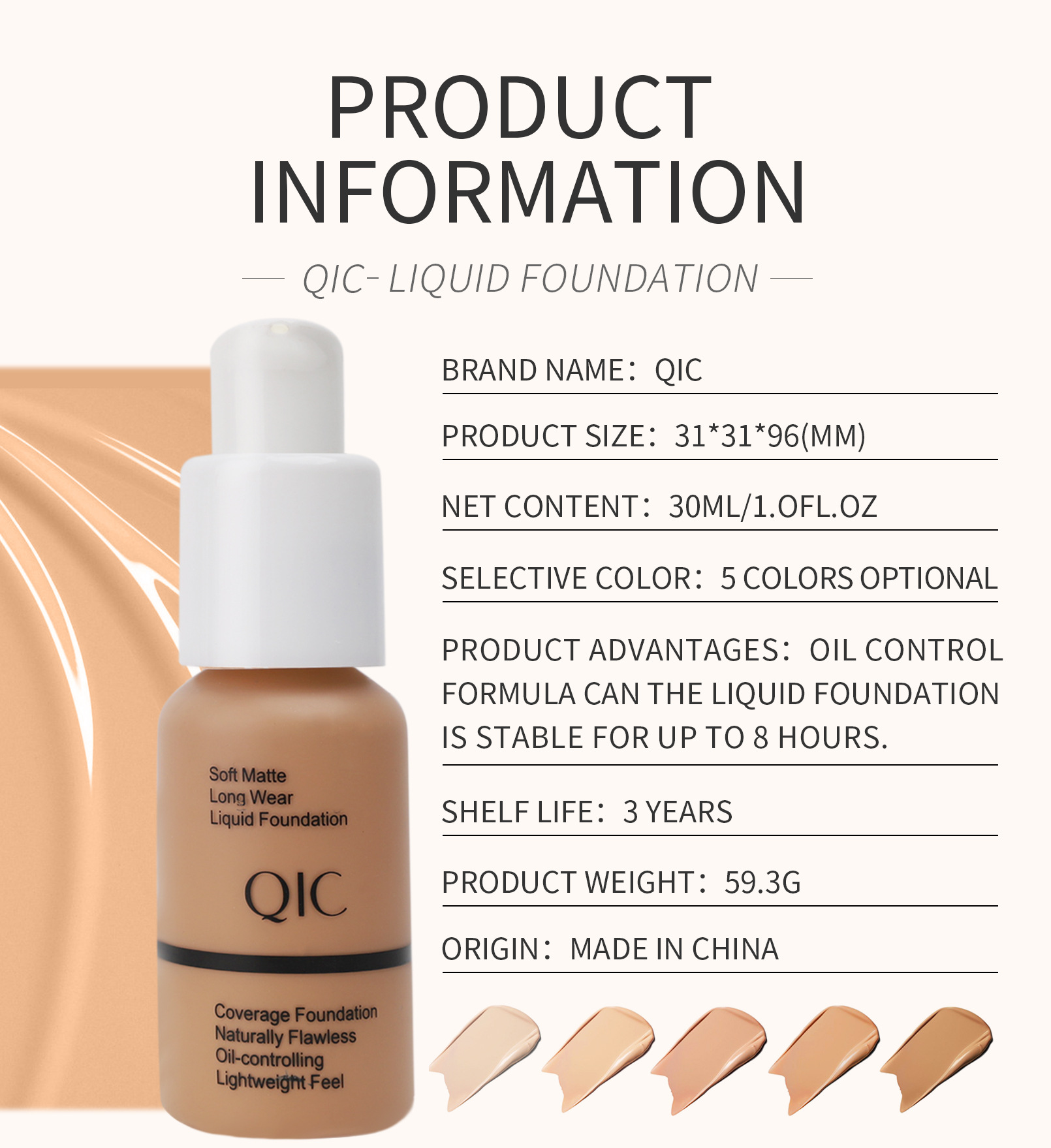 Description Picture 3 of itemQIC Soft Matte Liquid Foundation Jewel Light Brightening Moisturizing Oil-Control Wheat Fit BB Cream Concealer Makeup