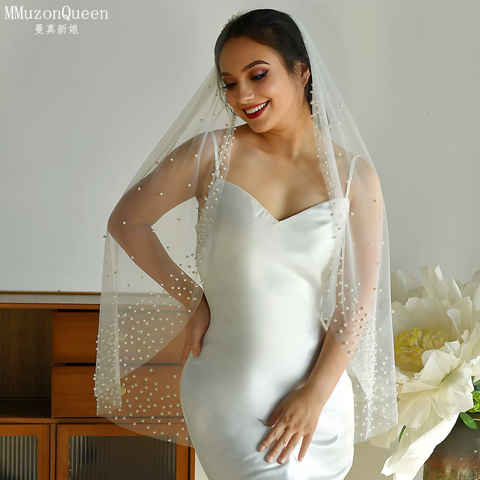 曼真韩式仙女复古珍珠头纱简约气质旅拍结婚盘发婚礼新娘头纱V225