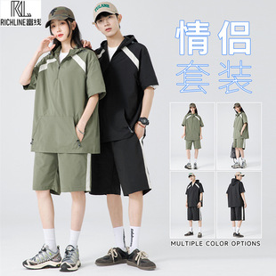 Rich Line Summer Hooded Short Sleeve Shorts Men's and Women's Casual Fashion Lightweight Functional Loose Color-matching Couples Sports Suit