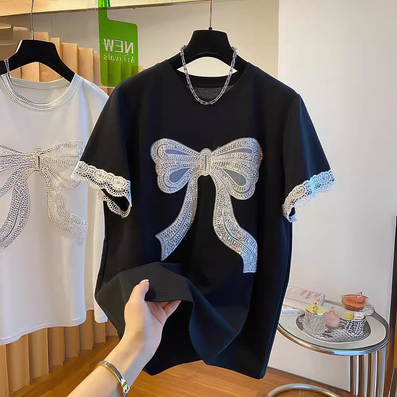 Pure Cotton European Goods 2025 New Sequin Bow Short-Sleeved T-Shirt Women's Loose Lace Bottoming Shirt Top