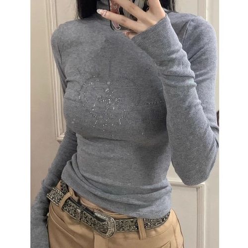 250g Comfort Fleece Embroidered Diamond-embellished High-neck Base Layer Top for Women, Design-savvy Uncommon Fitted Long-sleeve T-shirt with Diamonds