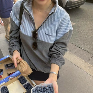 识亦·XH韩系宽松拼色半拉链卫衣东大门秋季新款套头摇粒绒外套女