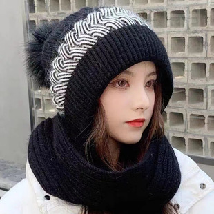 2024 new thick warm winter ear protection face protection knitted wool hooded scarf