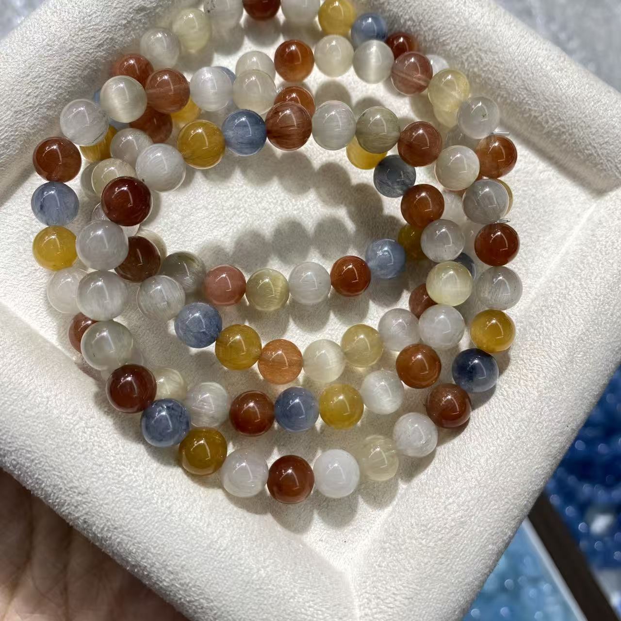 天然彩兔毛蓝钢丝圆珠手链 彩色兔毛顺毛发多多 厂家直销批发