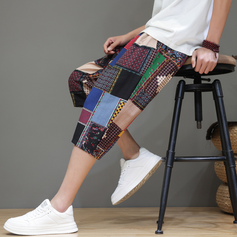 Chinese Style Capri Pants Men's 2024 Summer New Printed Beach Shorts Loose Straight Casual Pants Factory Straight Hair