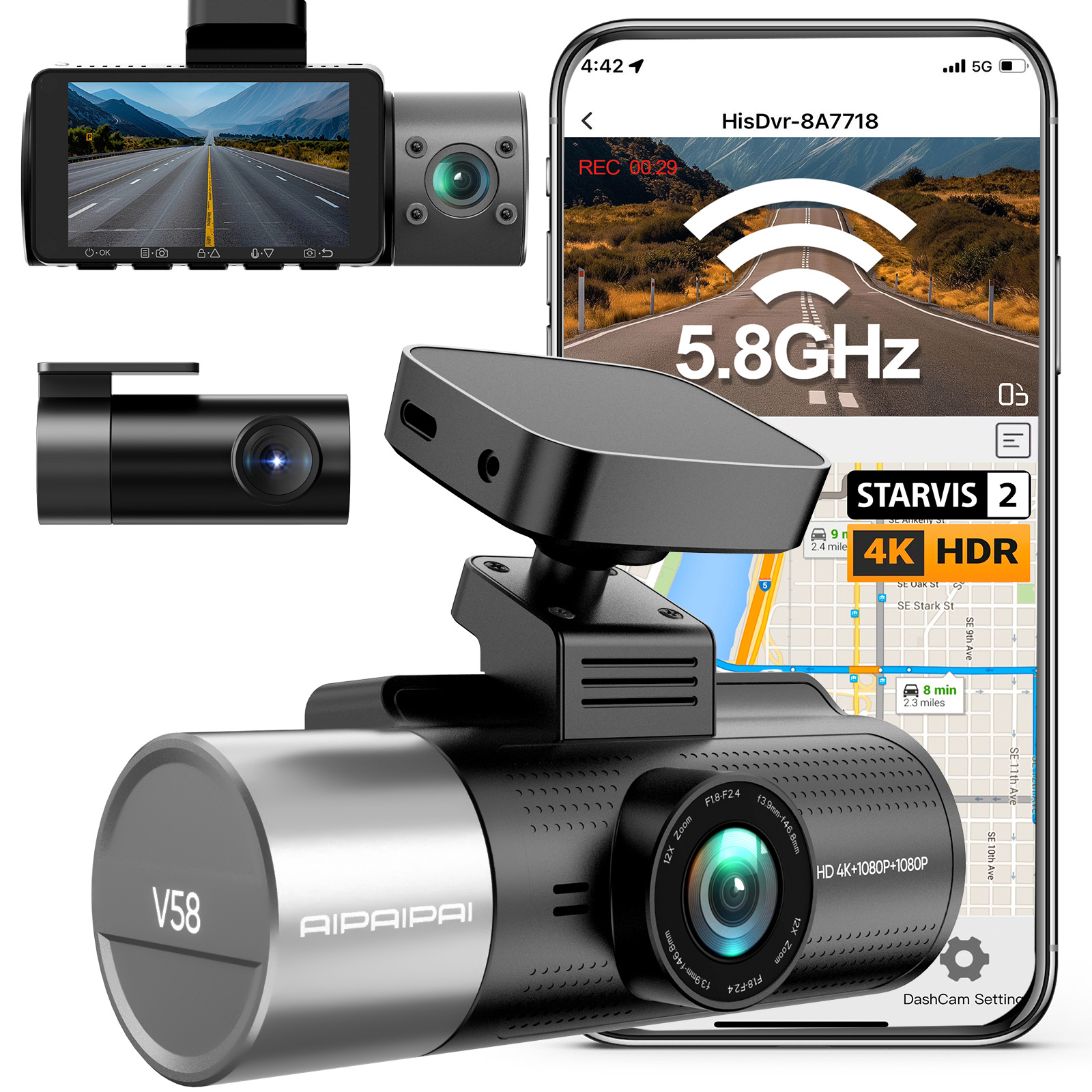4K+1080P+1080P 3-Lens Dash Cam with Front, Rear, and Interior Cameras, Built-In Gps, High-Definition Night Vision