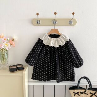 New Girls' Long-sleeved Korean Style dress Autumn New Retro Style Floral Dress Children's Lace Lapel Princess Dress
