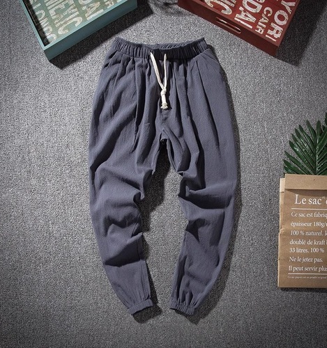 Chinese-style cotton linen Tang suit casual long pants for men, loose with elastic waist, suitable for spring and summer, monastic attire for Zen practice