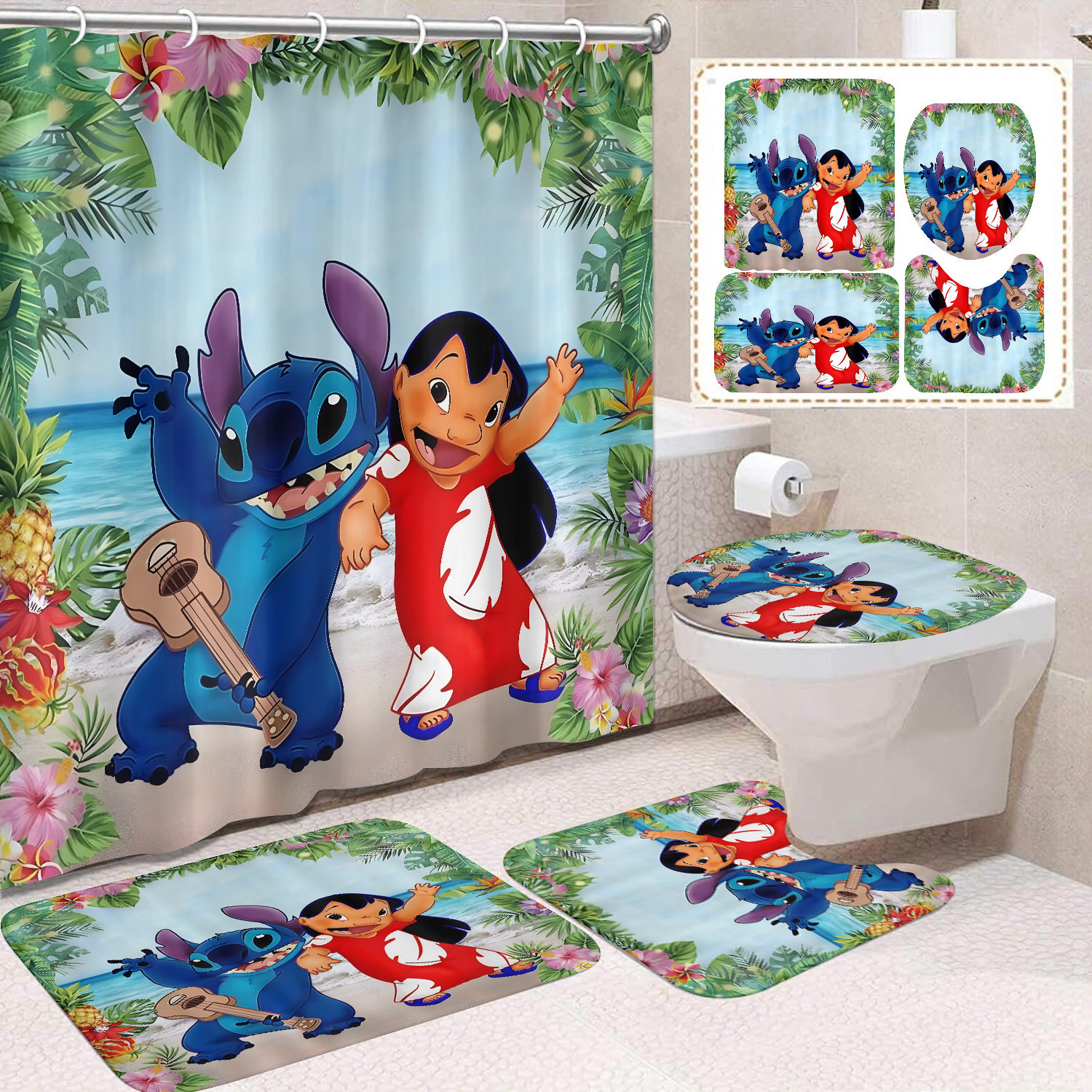 Venta directa de fábrica lindo baño de dibujos animados de cuatro piezas cortina de ducha impermeable cortina de ducha sin perforación cortina de partición de baño de baño