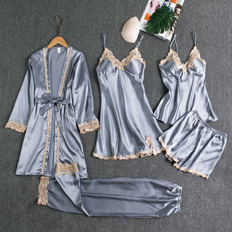 Cross-border trade 21 new style pajamas with built-in cups silk sexy spaghetti strap water-soluble floral five-piece set pajamas thin home clothes