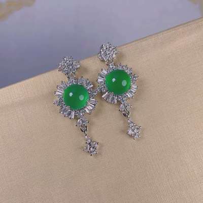 S925银玉髓耳坠高冰帝王绿玉髓镶嵌翡翠色玉石耳环 玉耳坠批发|ru