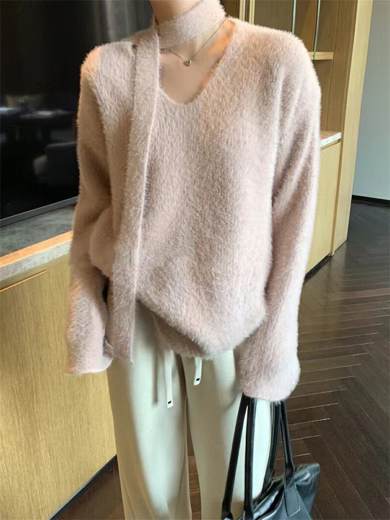 Sciarpa con scollo a V in stile coreano con pullover in pelliccia di visone, morbida maglia appiccicosa per l'autunno e l'inverno delle donne_voghion.com