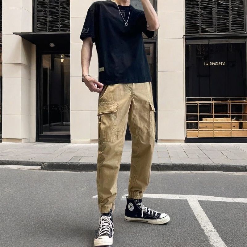 Vintage Cargo Pants for Men with Multiple Pockets, Loose Fit, Magic Tape, Jogger Style, Suitable for Teenagers Working, Durable Workwear Pants