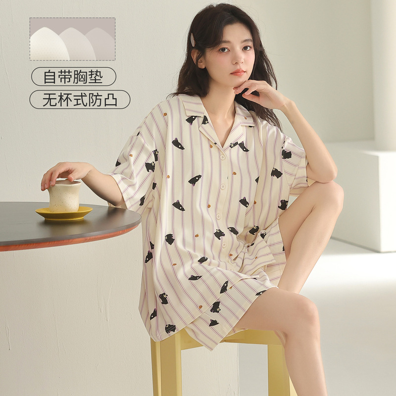 In-Stock Short-Sleeve Shorts for Girls, Pure Cotton Pajamas with Chest Pads, New Summer Style, Cardigan with Turn-Down Collar, Sweet Cartoon Design