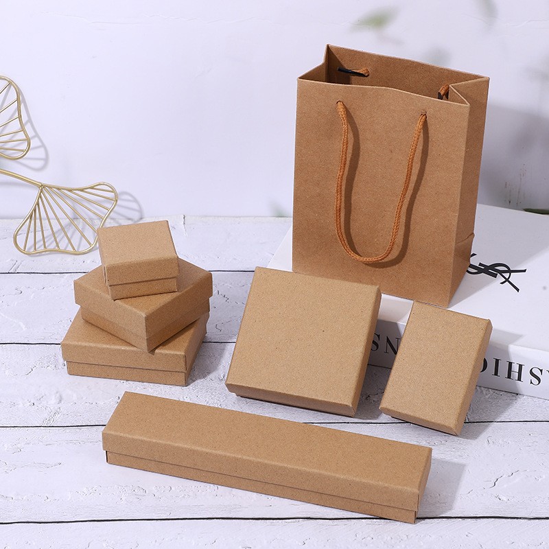 牛皮纸礼盒套装 首饰礼品包装盒子 天地盖饰品盒配手提袋批发