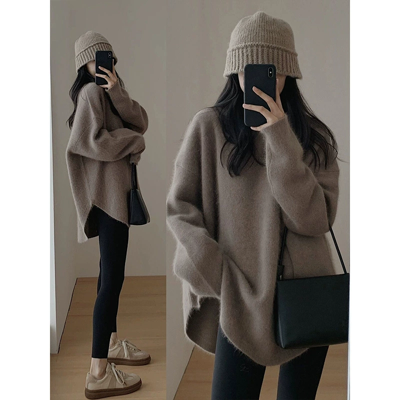 Демисезонный вязаный oversized свитер, корейский стиль, One size, свободный крой
