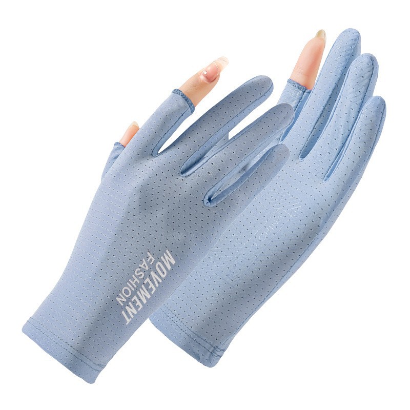 Guantes de protección solar para mujer de seda de hielo fino primavera y verano Protección UV conducción antideslizante fuga dedo pesca sombrilla