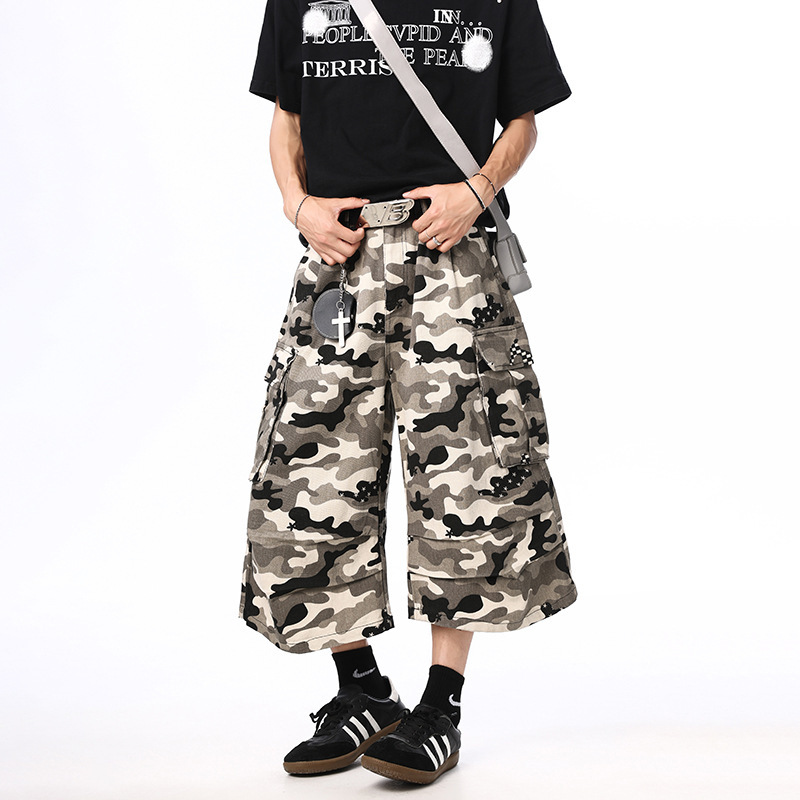New Camouflage Cargo Pants for Men, Three-Dimensional Fashion Versatile Trendy Brand High-End Loose Casual Cropped Pants for Men