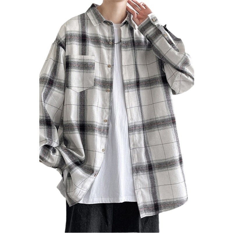 Hong Kong Estilo Vintage camisa a cuadros de los hombres de primavera y otoño de High Street Vibe suelta casual estilo coreano ins abrigo de moda más tamaño