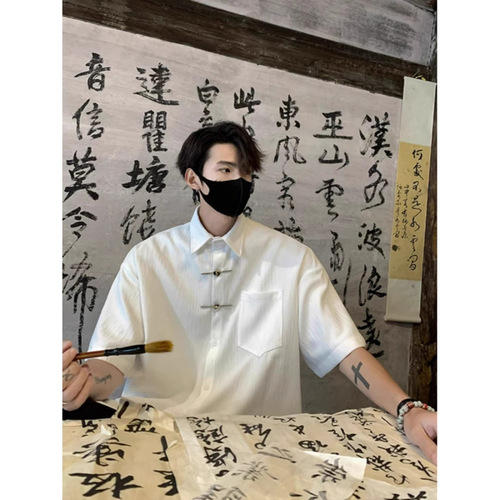 National style jacquard short-sleeve shirt for men, summer ice silk, large size, loose new Chinese style, high-end casual half-sleeve shirt, trendy