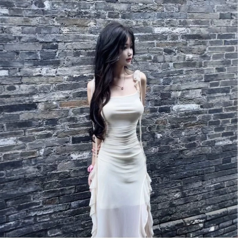 Сладкая и пряная девушка, чистый ветер, маленькие летающие рукава с открытыми вилками, подтяжка, женская летняя талия тонкая, нерегулярная сетчатая юбка