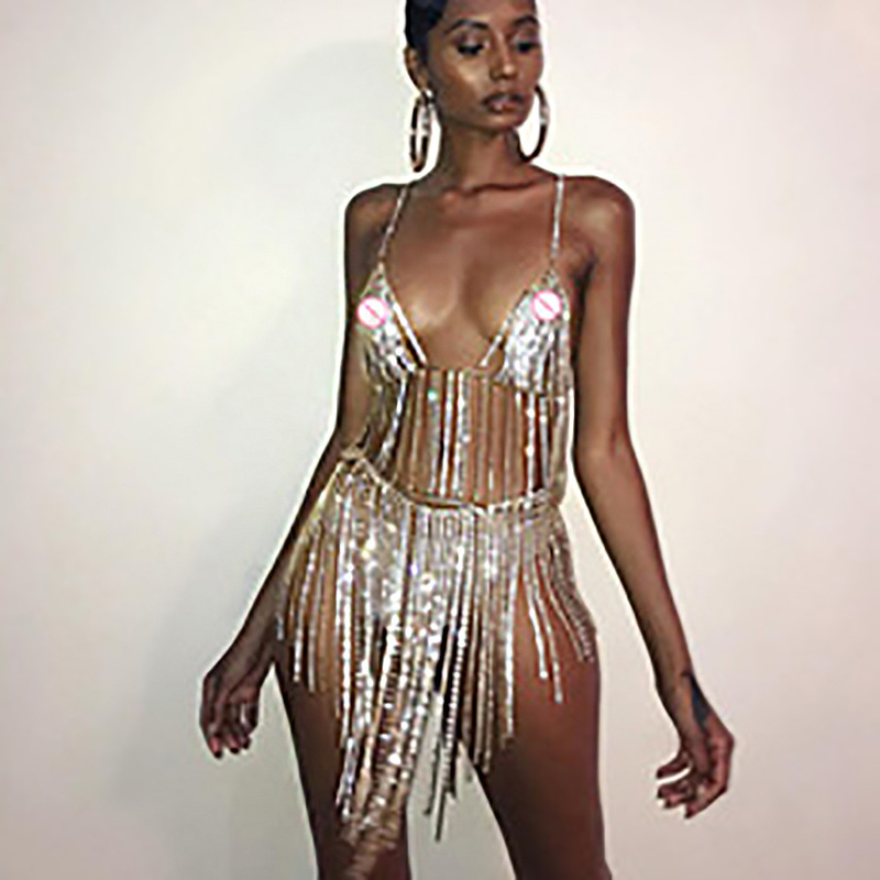 Joyería transfronteriza europea y americana moda de verano rhinestone sujetador falda traje sexy discoteca cadena de la cintura borla cadena del cuerpo femenino