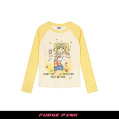 Fudge Pink 25秋季新款甜美少女卡通图案撞色拼接长袖T恤