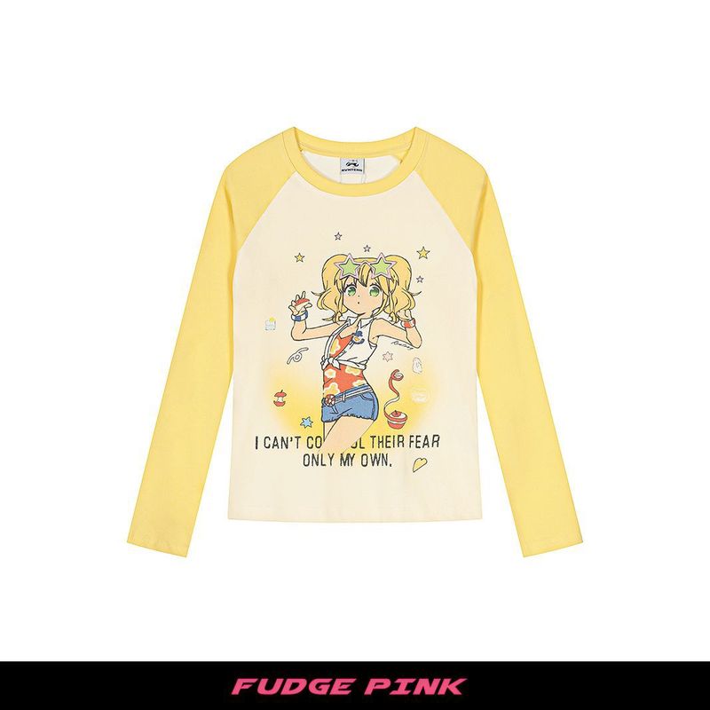 Fudge Pink 25秋季新款甜美少女卡通图案撞色拼接长袖T恤|undefined