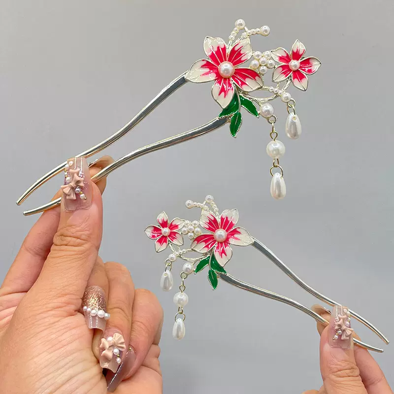 古风花朵流苏发簪新中式现代山茶花盘头簪子古装旗袍汉服发钗头饰
