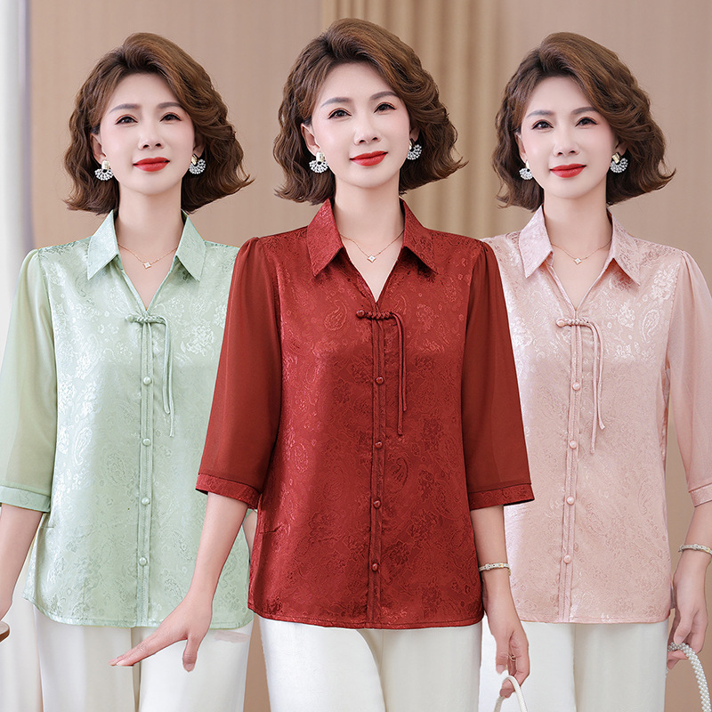 New Chinese-Style Mom's Clothing, Spring and Summer Three-Quarter Sleeve Shirts, T-Shirts, Stylish New Models for Middle-Aged and Elderly Women, Chiffon Tops