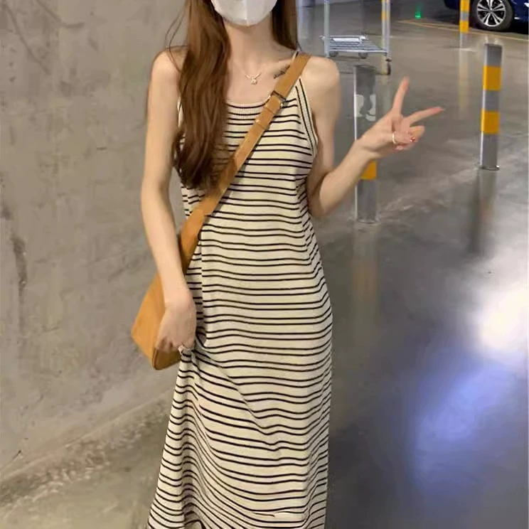 Полосатое платье на подтяжках в корейском стиле, женское лето 2025, новая юбка трапециевидной формы, элегантная длинная юбка высокого класса