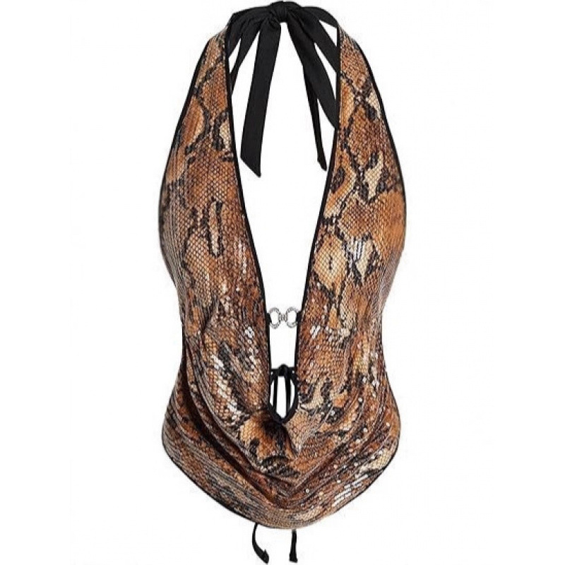 2025 Amazon European and American Cross-Border Women's Leopard Print Sequin Top Y2K Lace-Up Backless Corset Halterneck Short Top