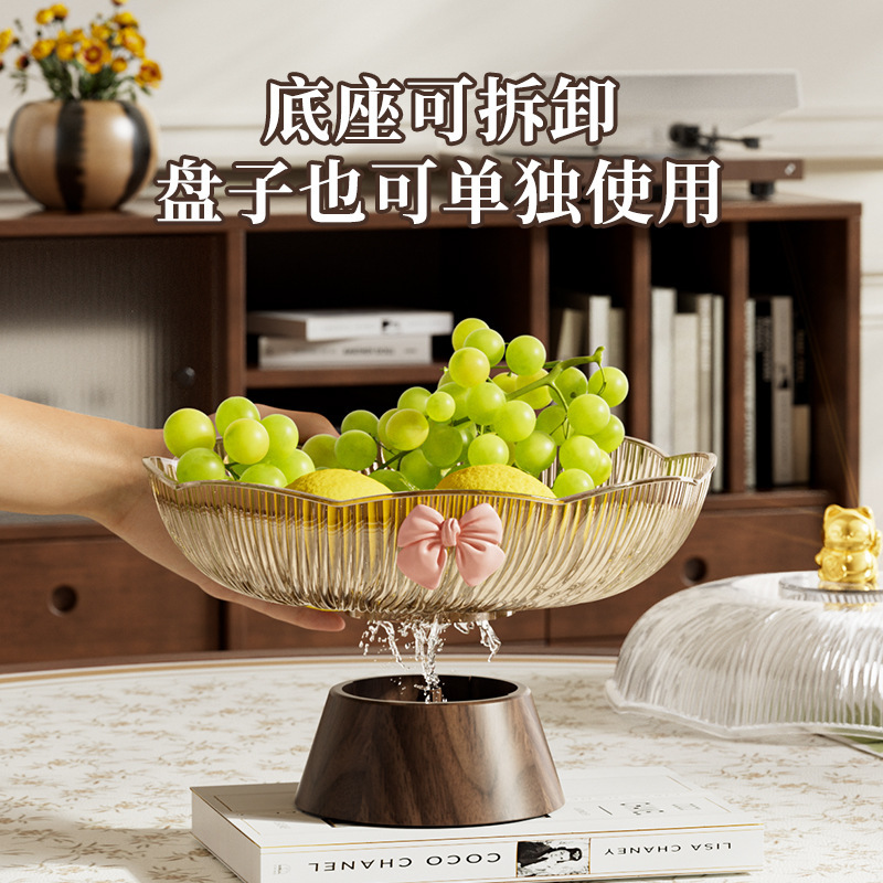 木纹高脚花型果盘家用复古风糖果坚果摆放果盘带盖招财猫跨境批发|undefined