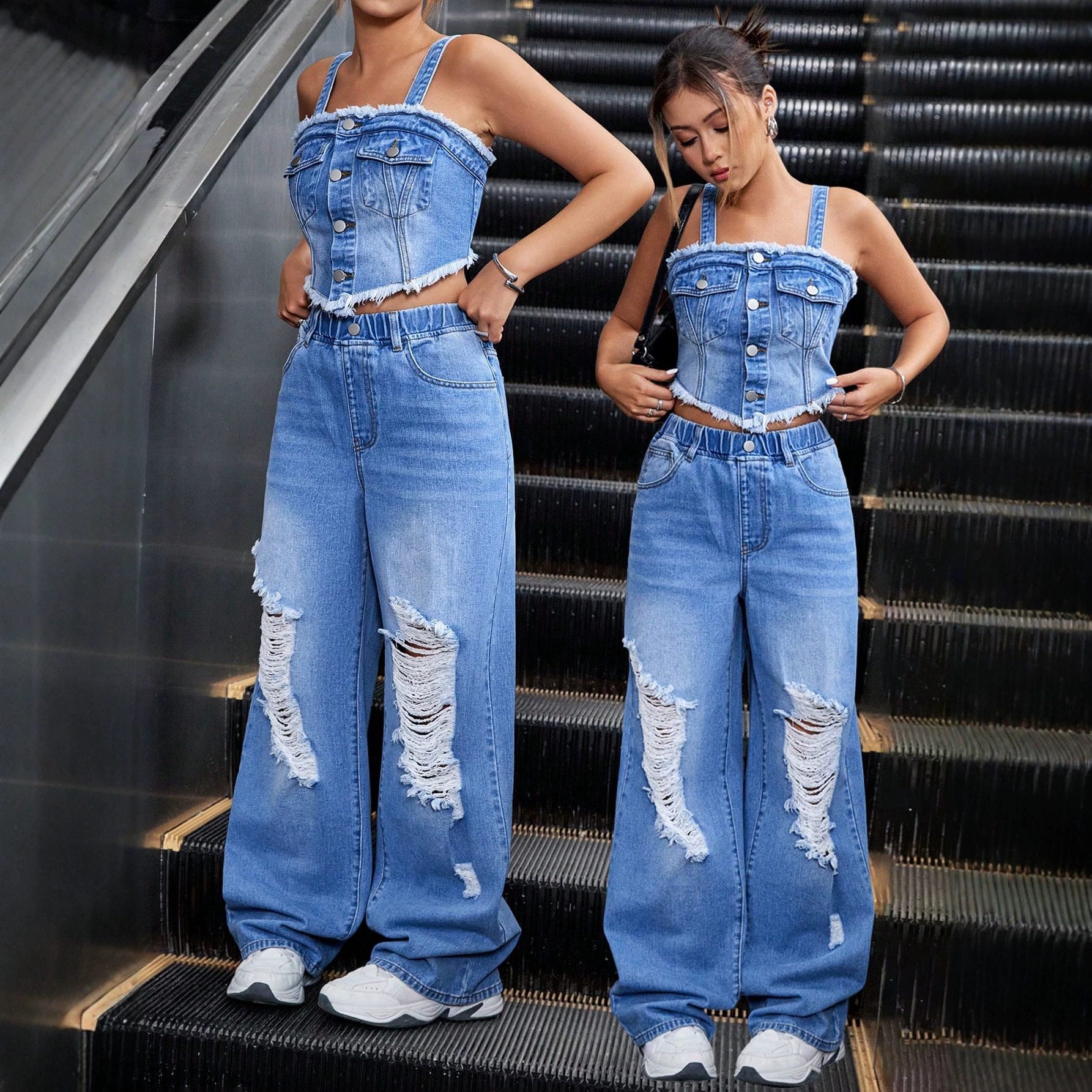 Cross-Border Foreign Trade Amazon 2026 Summer Hot Girl Teen Girl Camisole Tank Top Ripped Wide-Leg Denim Set