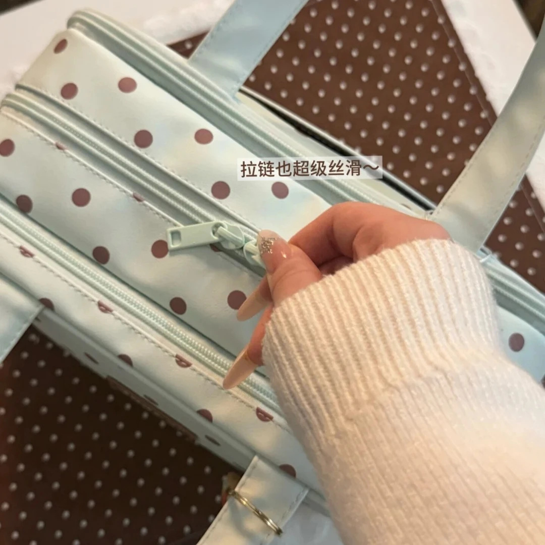 PU 가죽 3단 화장품 파우치 여행용 대용량 분리수납 도트 무늬