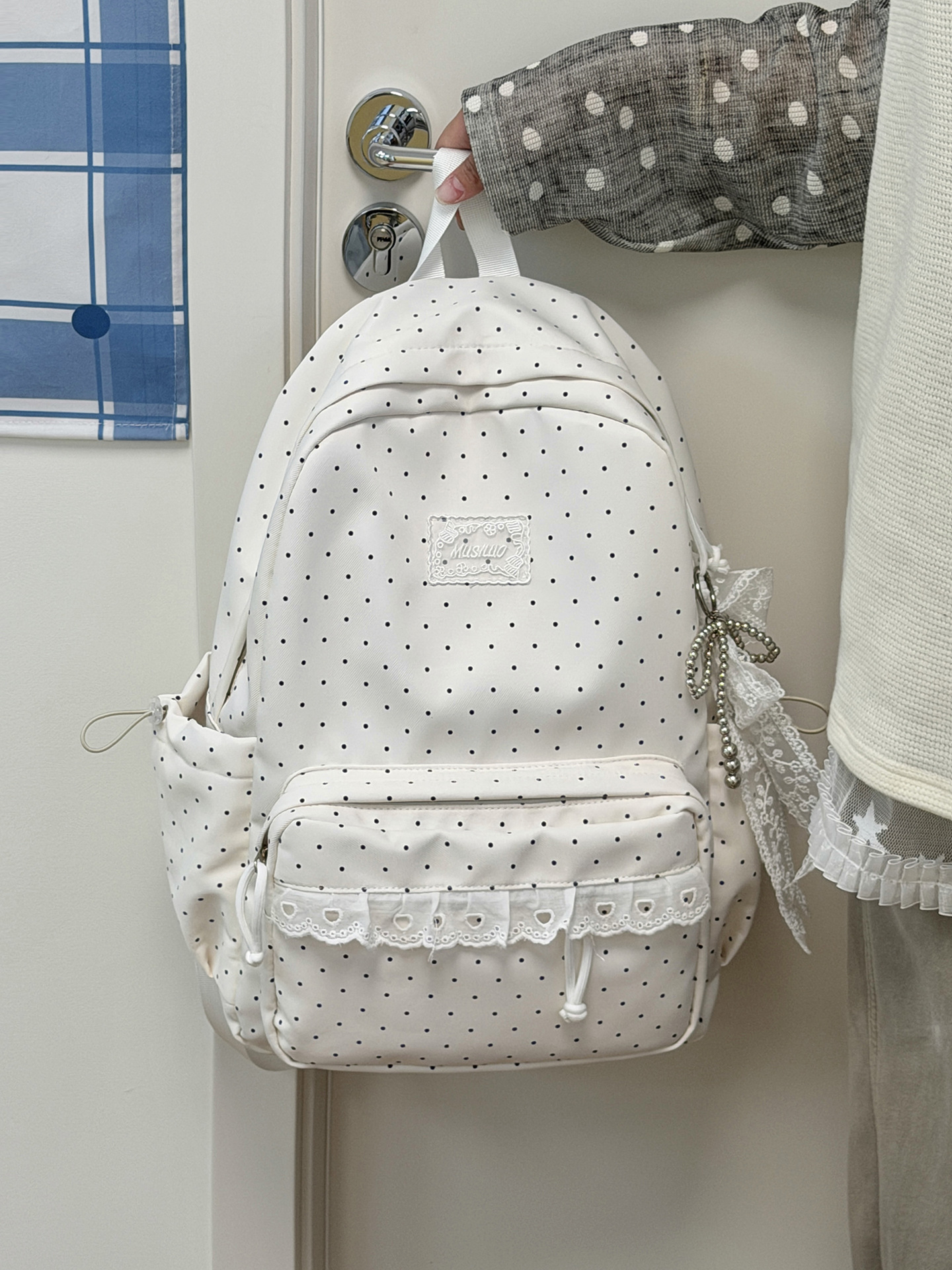 Polka Dot Lace Trim Spacious School Backpack 30