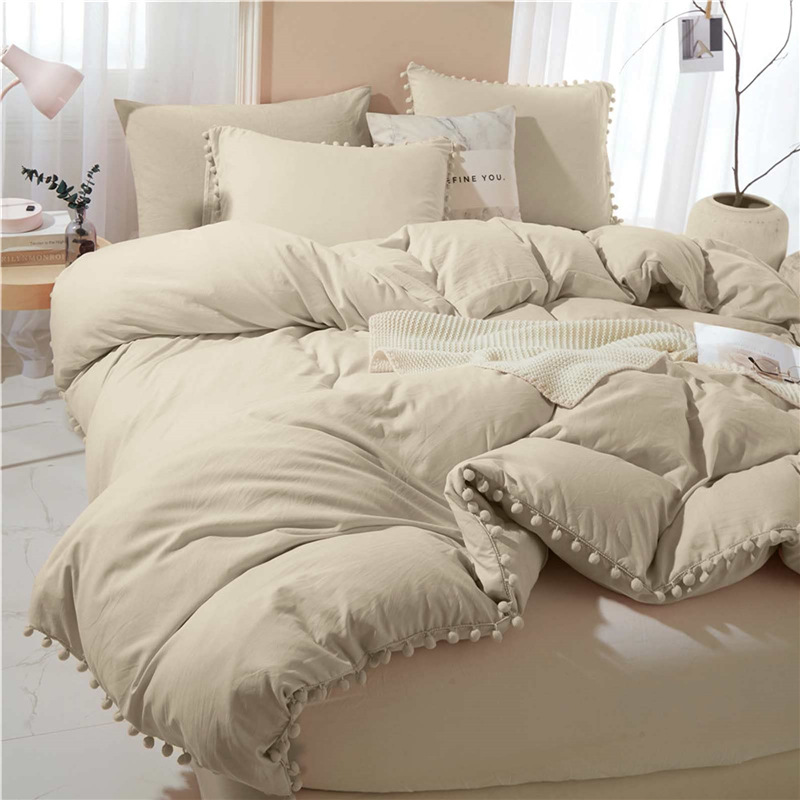 跨境亚马逊外贸北欧纯色流苏欧美床上用品三件套家纺被套床单胖被