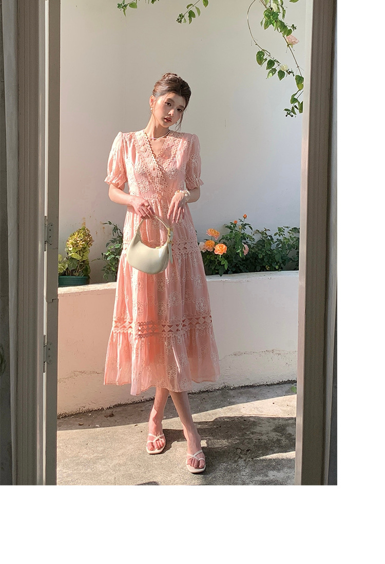 Đầm maxi nữ tay bồng ren hoa V cut-out phong cách Pháp cung đình — xanh lam, màu hồng, màu mơ chi tiết 47