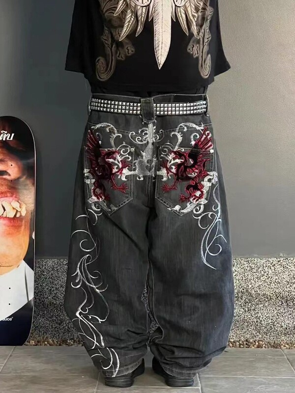 跨境电商JNCO Y2K宽松牛仔裤男士复古刺绣嘻哈街头原宿男士阔腿裤|undefined