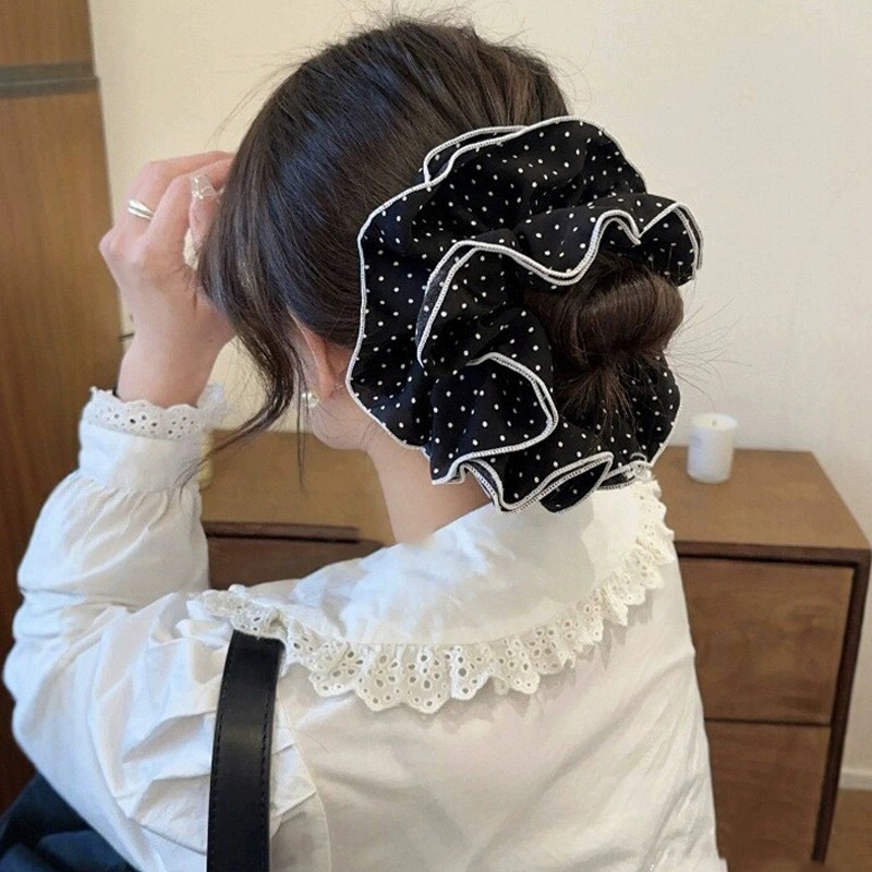 83#Black satin polka dot four-layer hair tie about 15cm