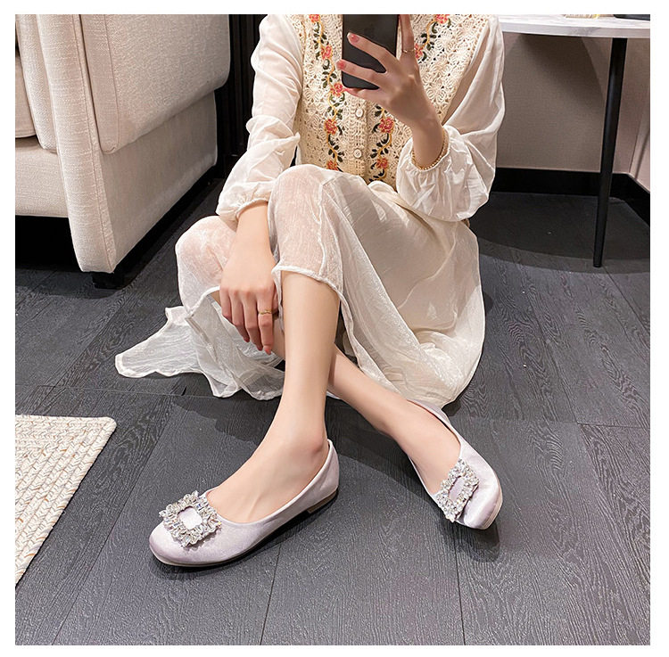 Giày búp bê nữ mũi vuông đế bằng đính đá, kiểu dáng thanh lịch — Màu Sâm Panh (Vàng), Màu xám nhạt, Màu đen chi tiết 38