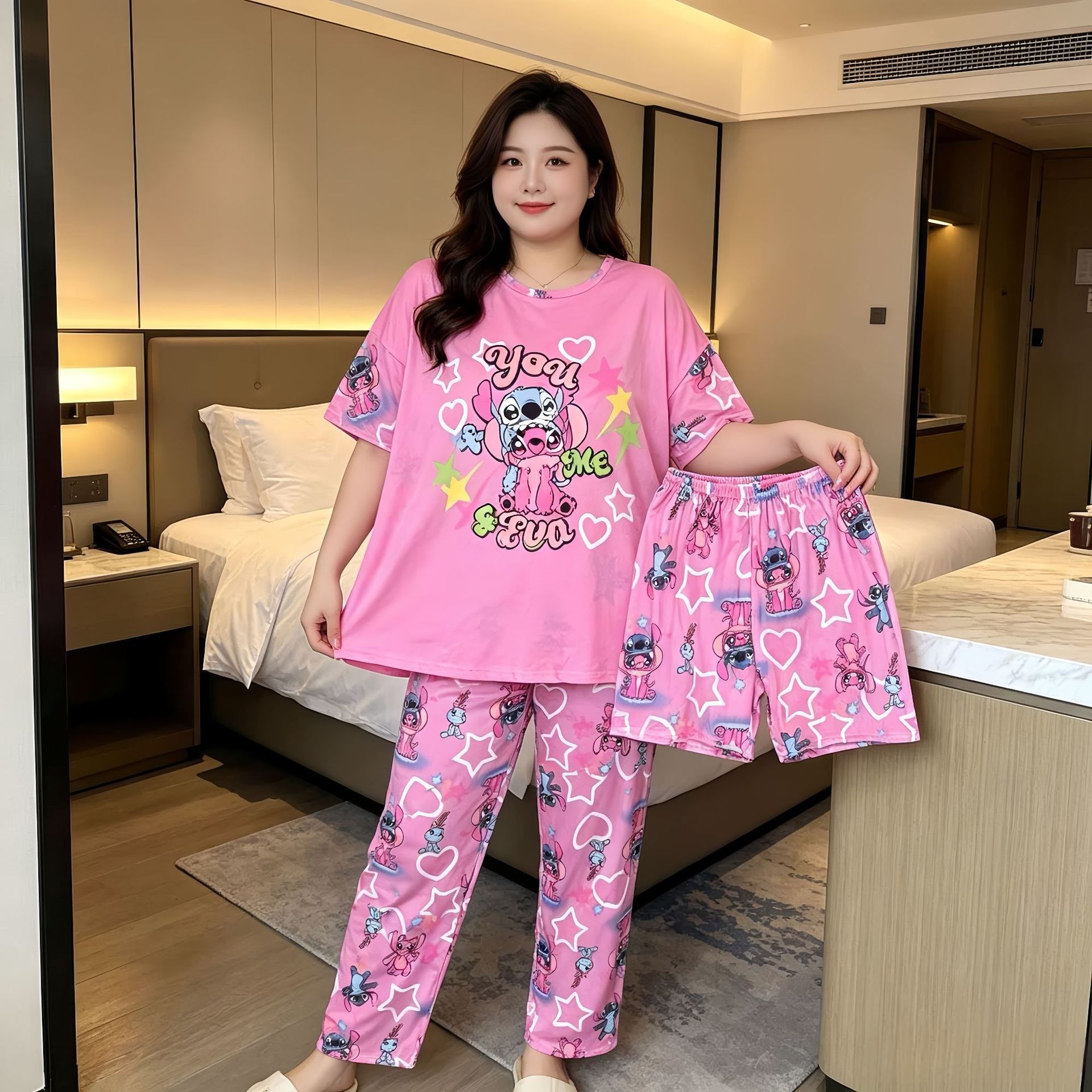 Hot sale Thailand睡衣女夏短袖短裤长裤三件套卡通家居服pajamas